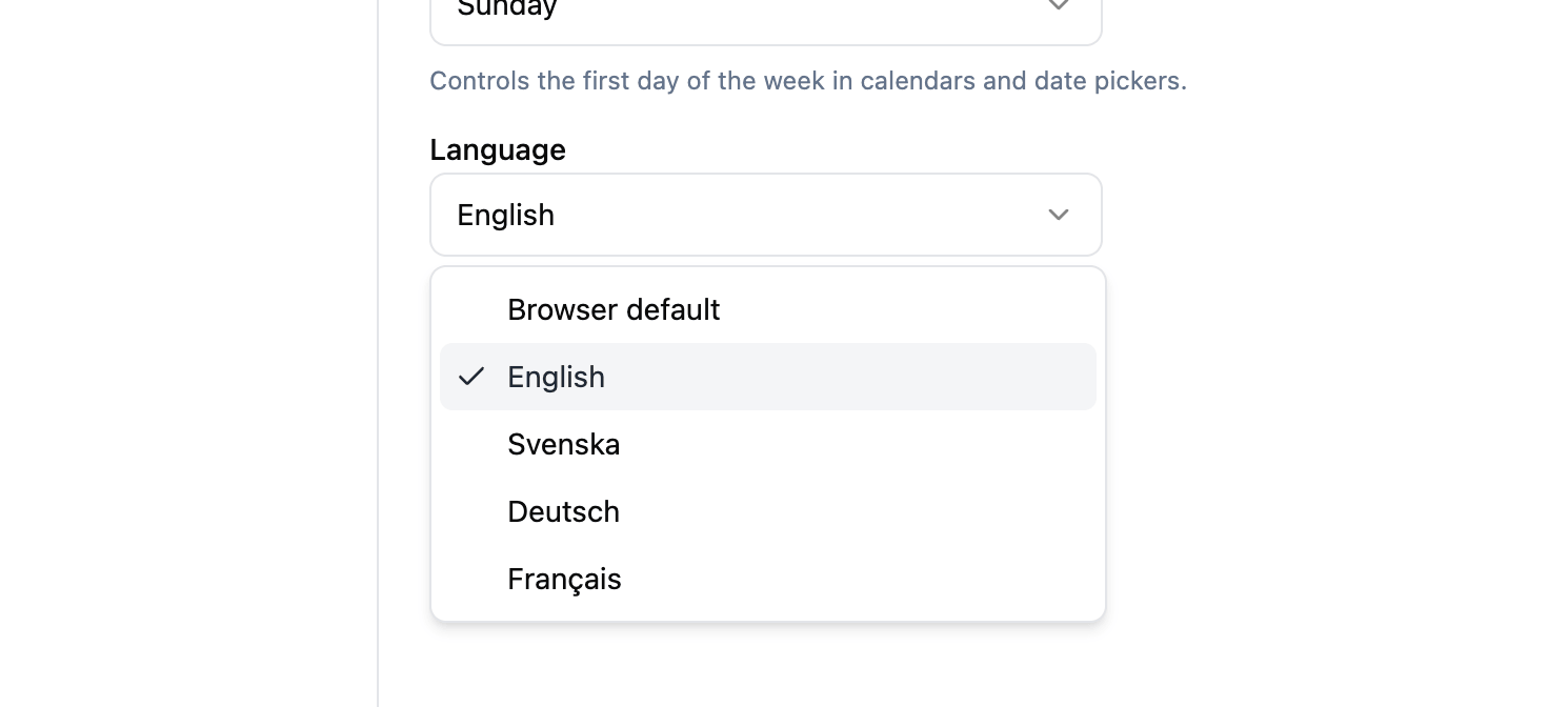 Account Settings showing a Language dropdown open with options Browser default, English (checked), Svenska, Deutsch, and Français