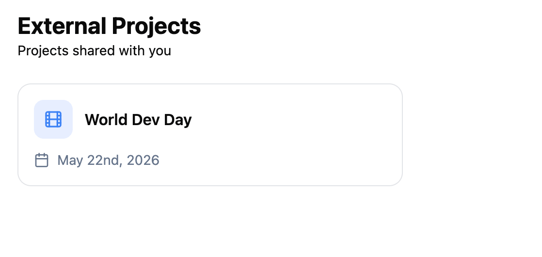 External projects list showing projects from other organizations with icons and date ranges