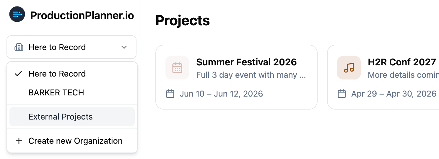 Organization selector dropdown showing organizations and External Projects option