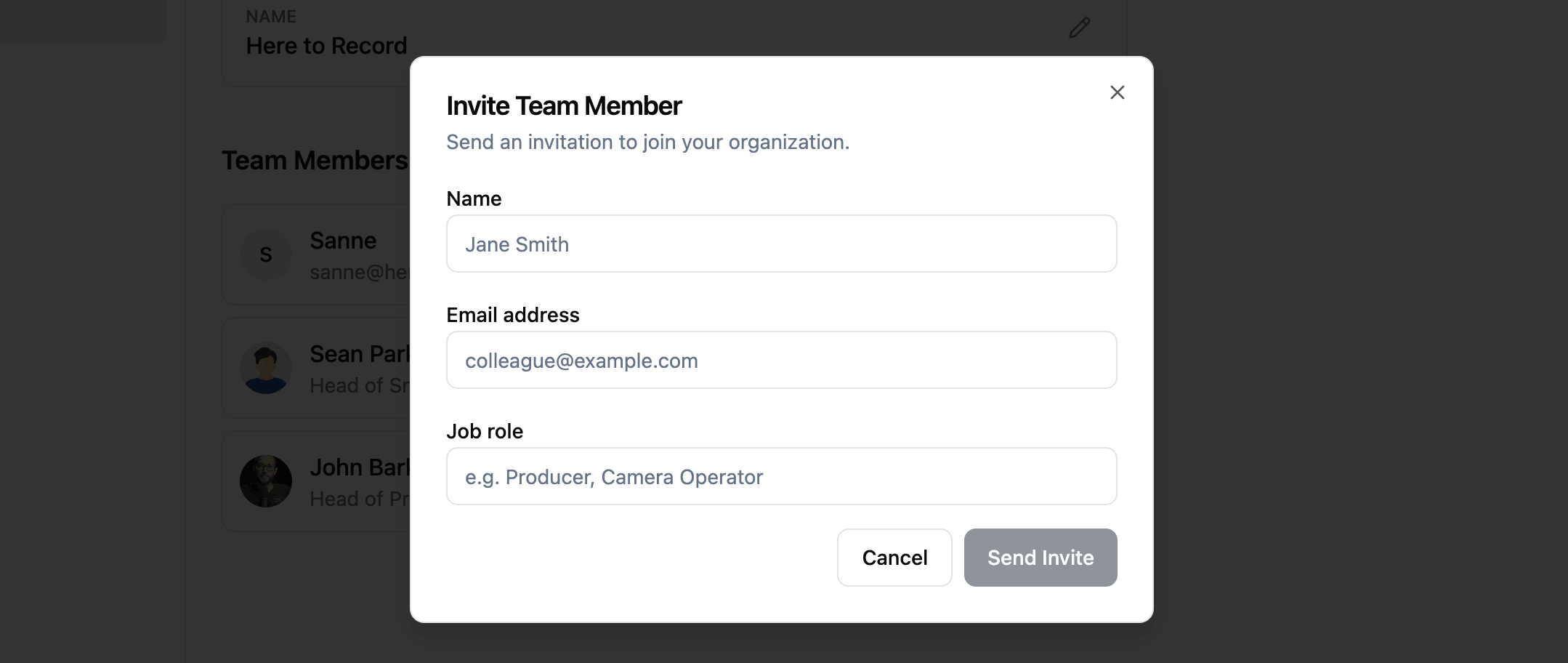 Invite Team Member dialog with fields for name, email address, and job role