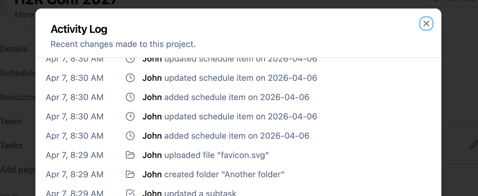 Activity log showing recent changes to a project