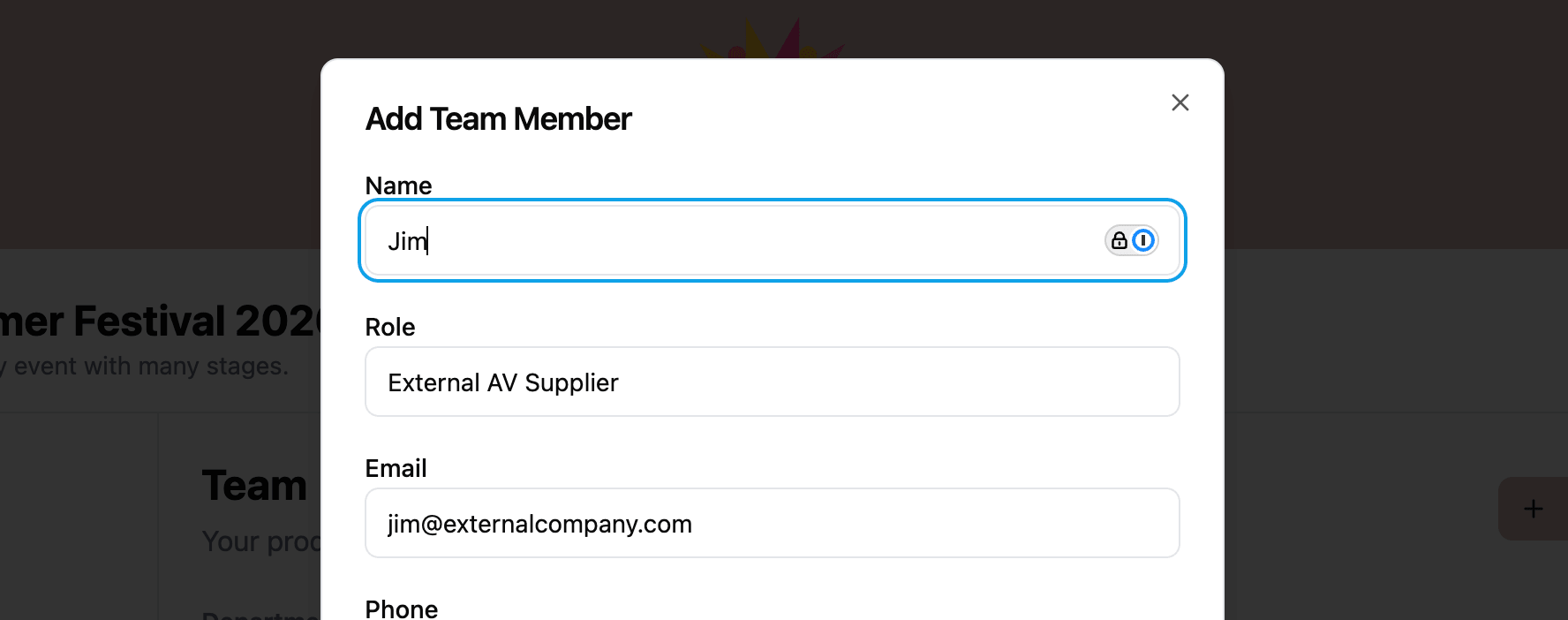 External Projects page showing a shared project with its icon and date