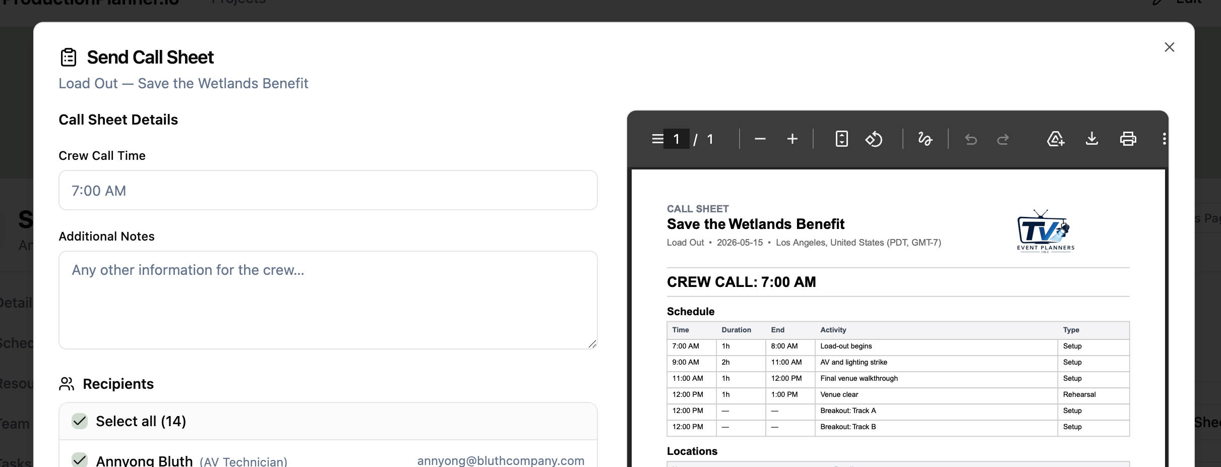 Send Call Sheet dialog with Call Sheet Details fields on the left (Crew Call Time, Additional Notes, Recipients) and a live PDF preview on the right showing the project name, crew call, and schedule table