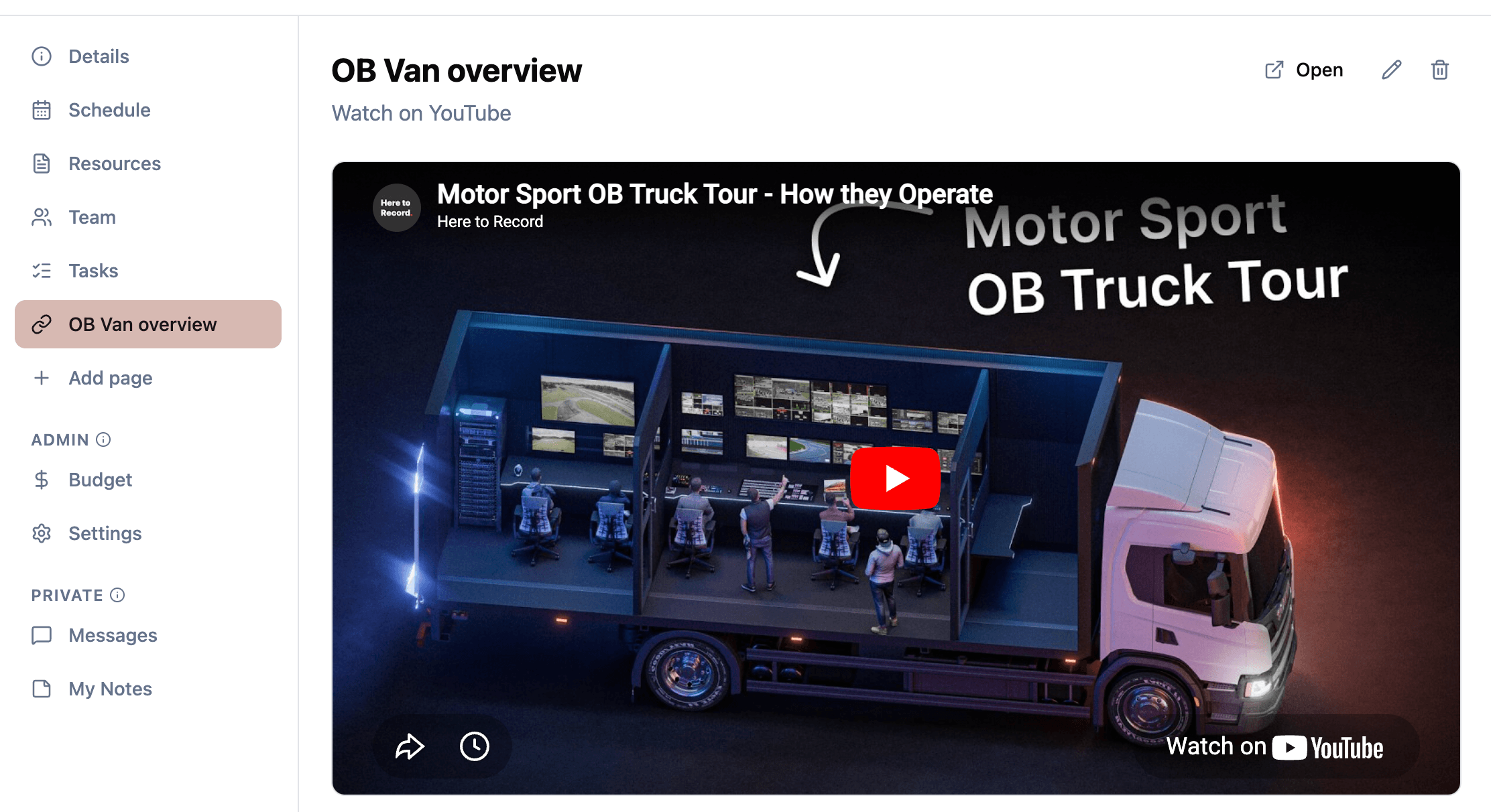 Custom page showing an embedded YouTube video with the page visible in the project sidebar