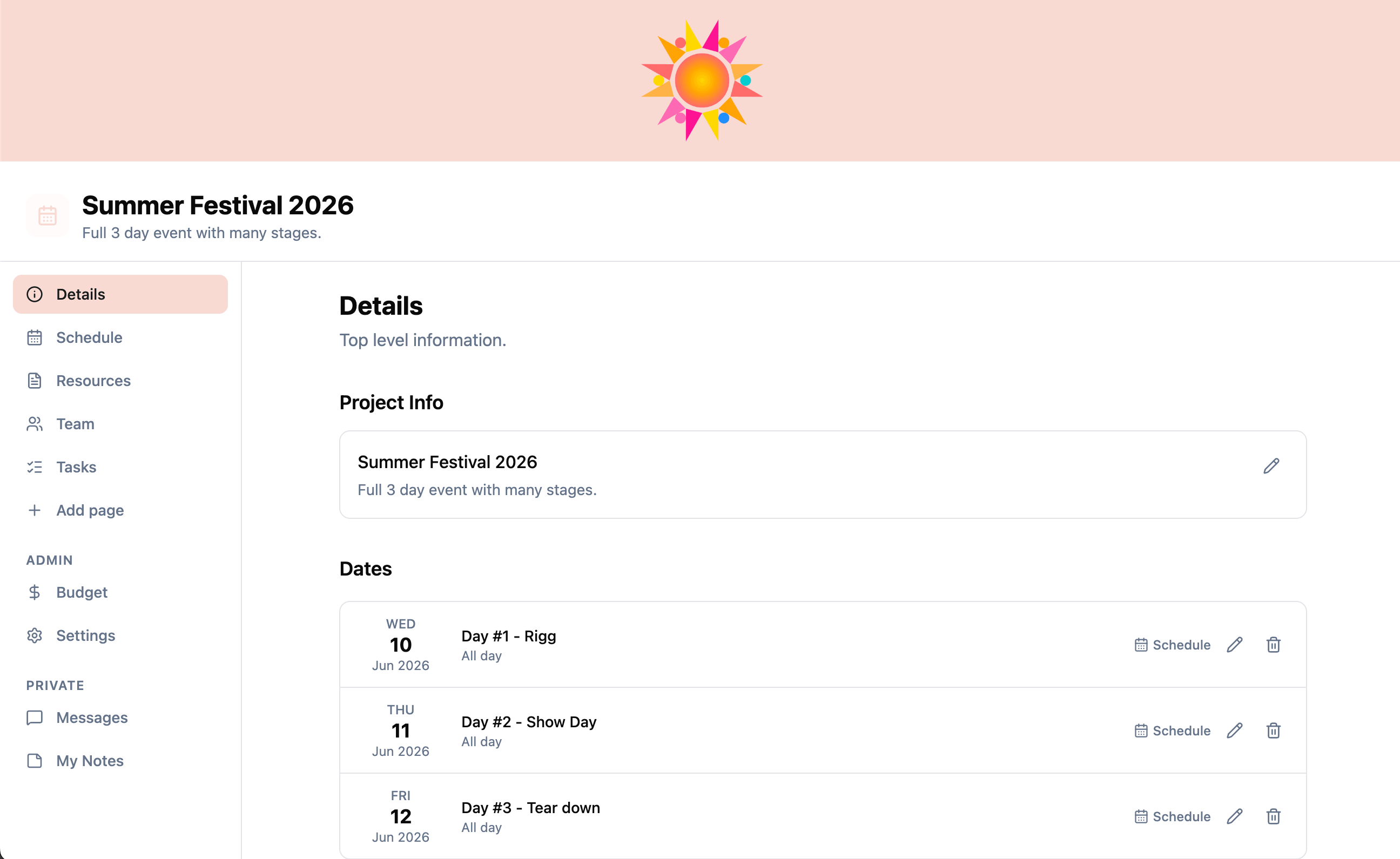 Project dashboard overview showing the Details page with project info, dates, and sidebar navigation