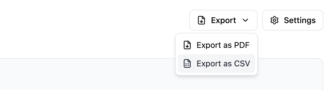 Export dropdown menu on the schedule page with "Export as PDF" and "Export as CSV" options