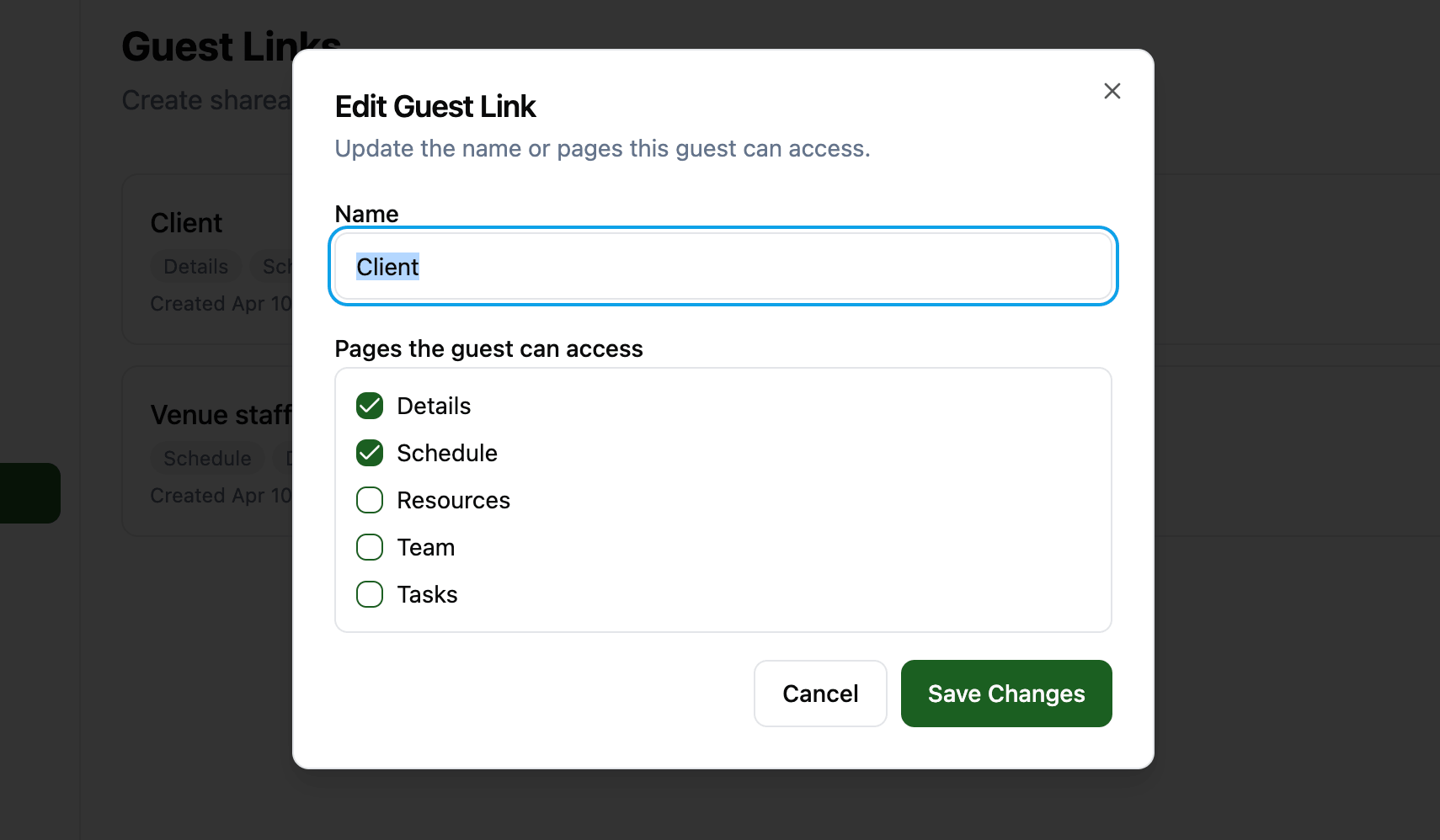 Edit guest link dialog showing name field and page checkboxes with Details and Schedule selected