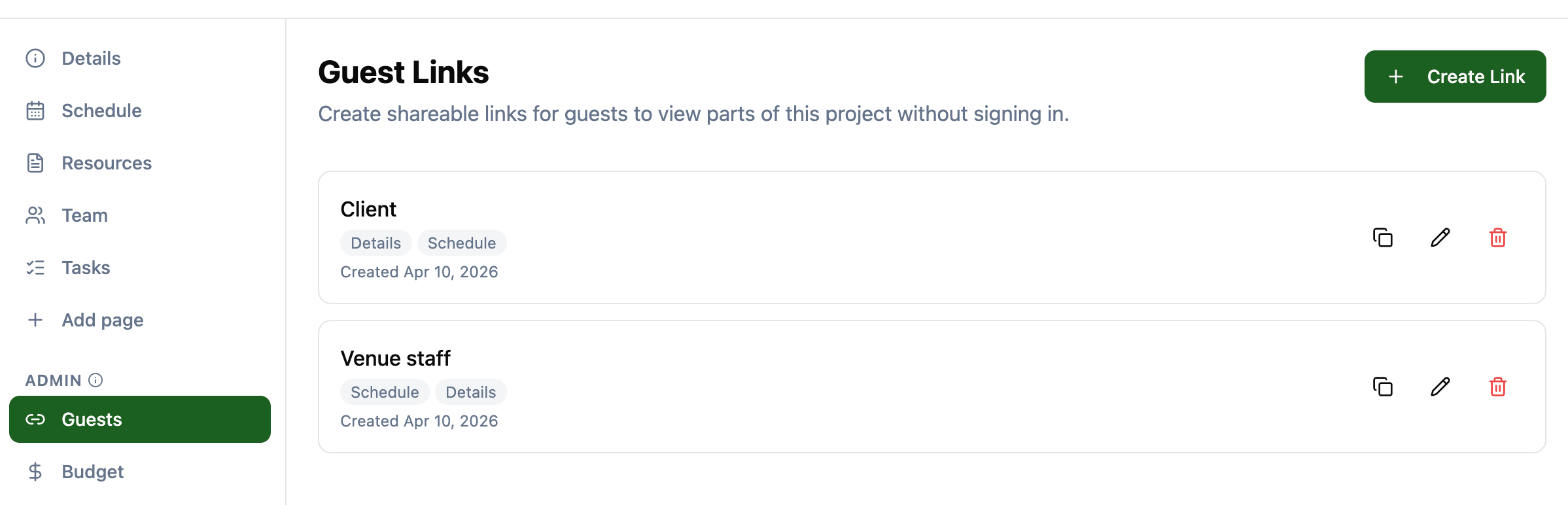 Guest links admin page showing two guest links named Client and Venue staff with their allowed pages, copy, edit, and delete buttons