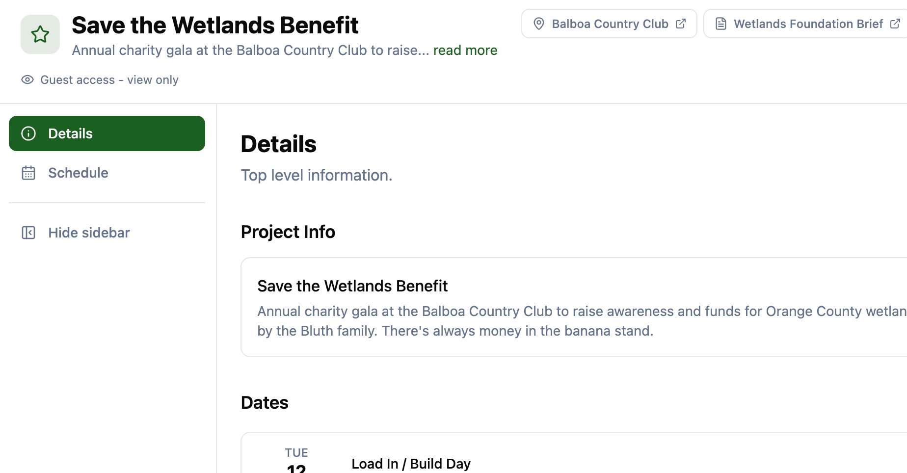 Guest view showing the project details page with only Details and Schedule in the sidebar and a guest access view only indicator