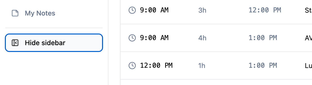 Collapsible sidebar with hide button highlighted