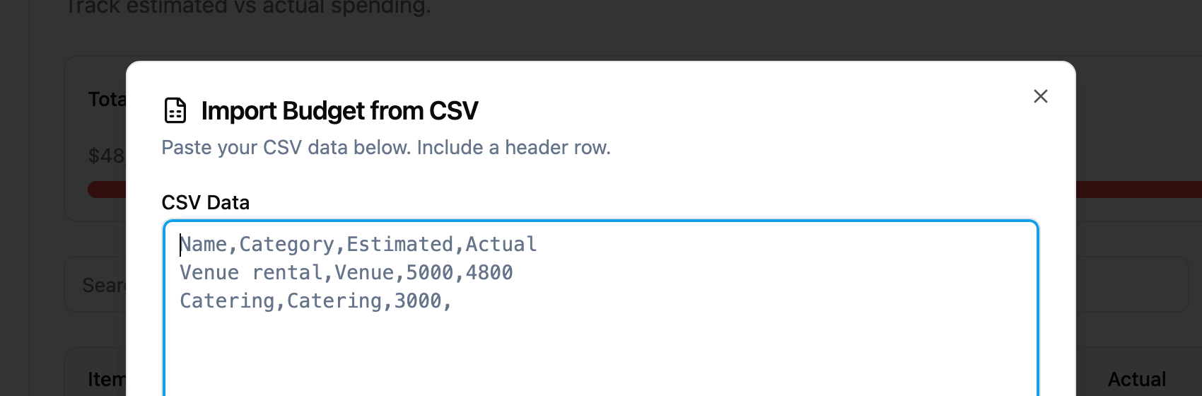 Import Budget from CSV dialog with sample data showing Name, Category, Estimated, and Actual columns