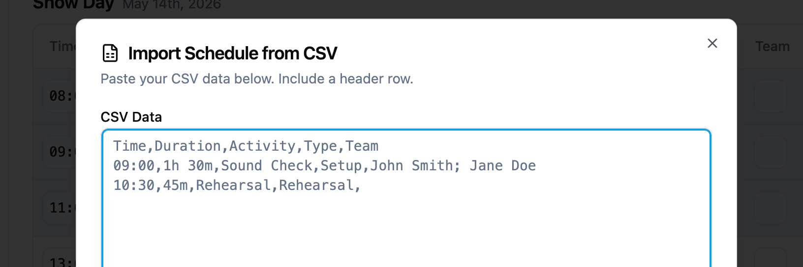 Import Schedule from CSV dialog with sample data showing Time, Duration, Activity, Type, and Team columns