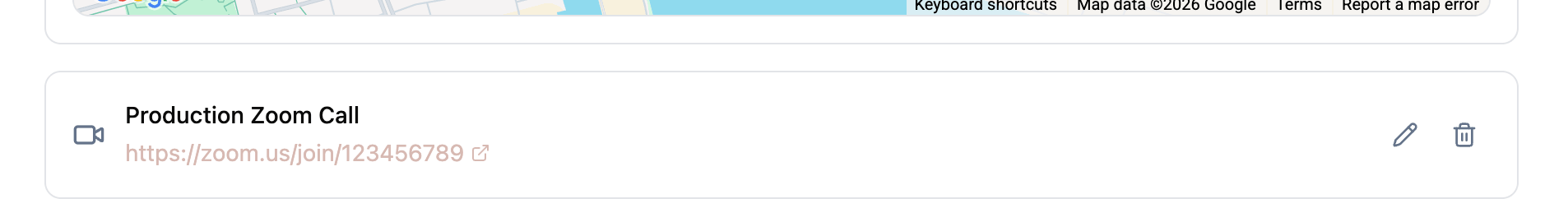 Digital location card showing a Zoom call link with video icon