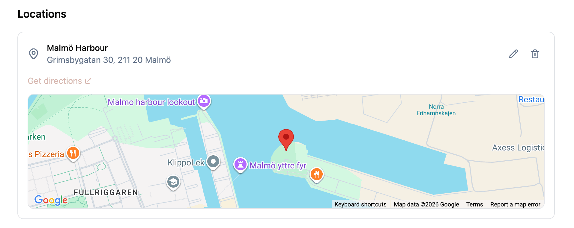 Locations section showing a physical location at Malmo Harbour with an embedded Google Map and Get directions link