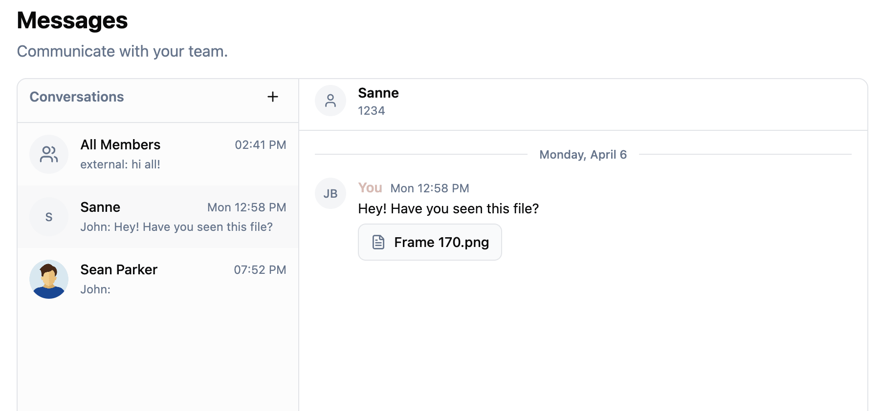 Messaging interface showing conversation list with direct messages and group chat, and a message thread with a file attachment