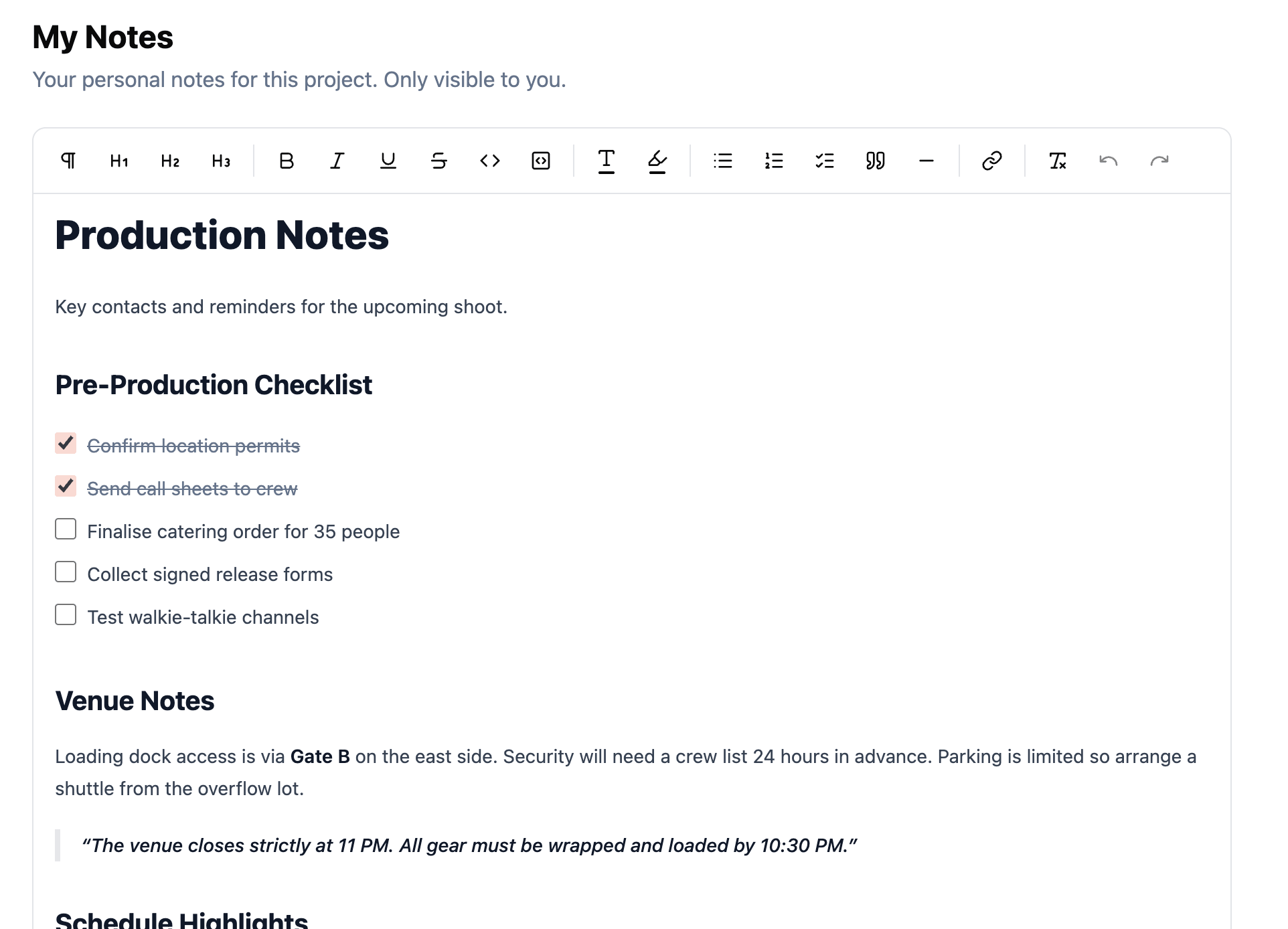 Personal notes editor showing rich text formatting with headings, checklists, bold text, and blockquotes