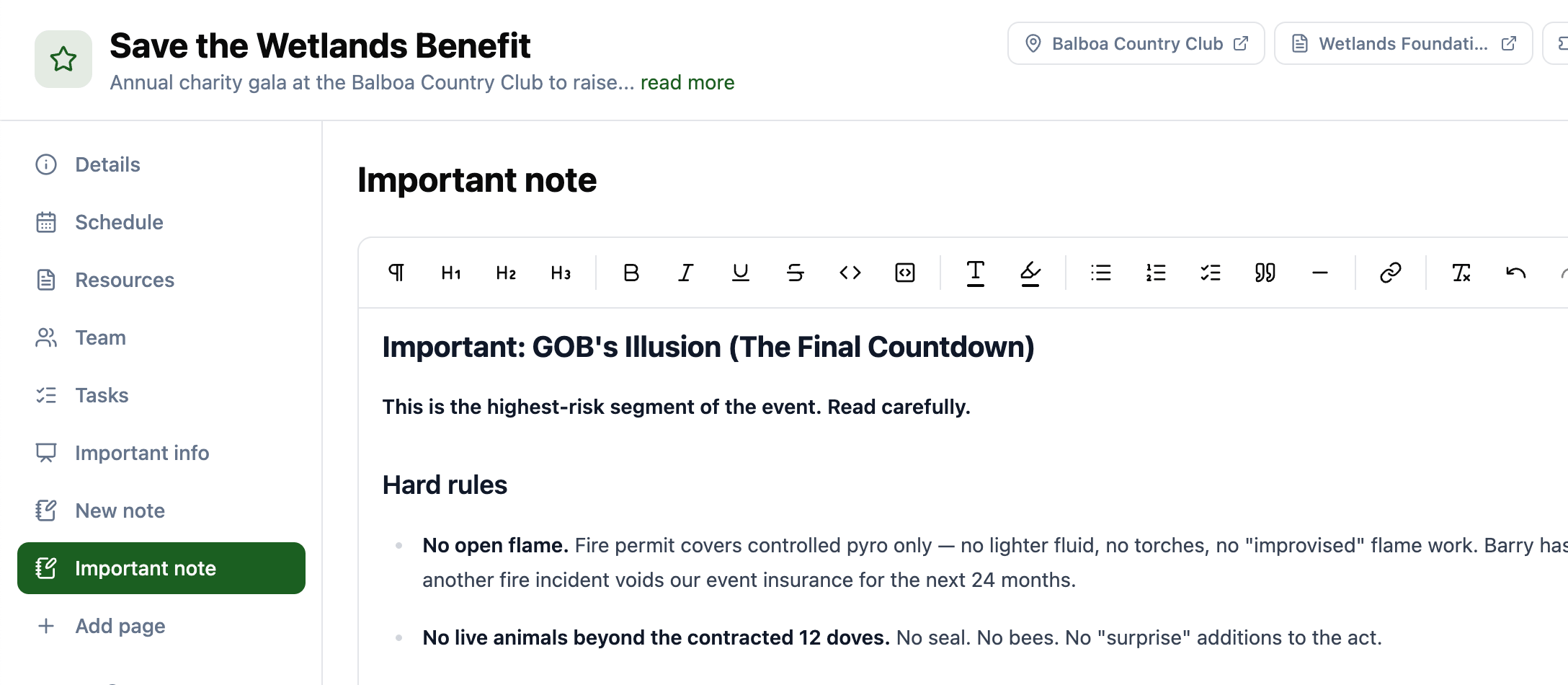 Note page in the project sidebar with a rich-text editor showing headings, lists, and formatting