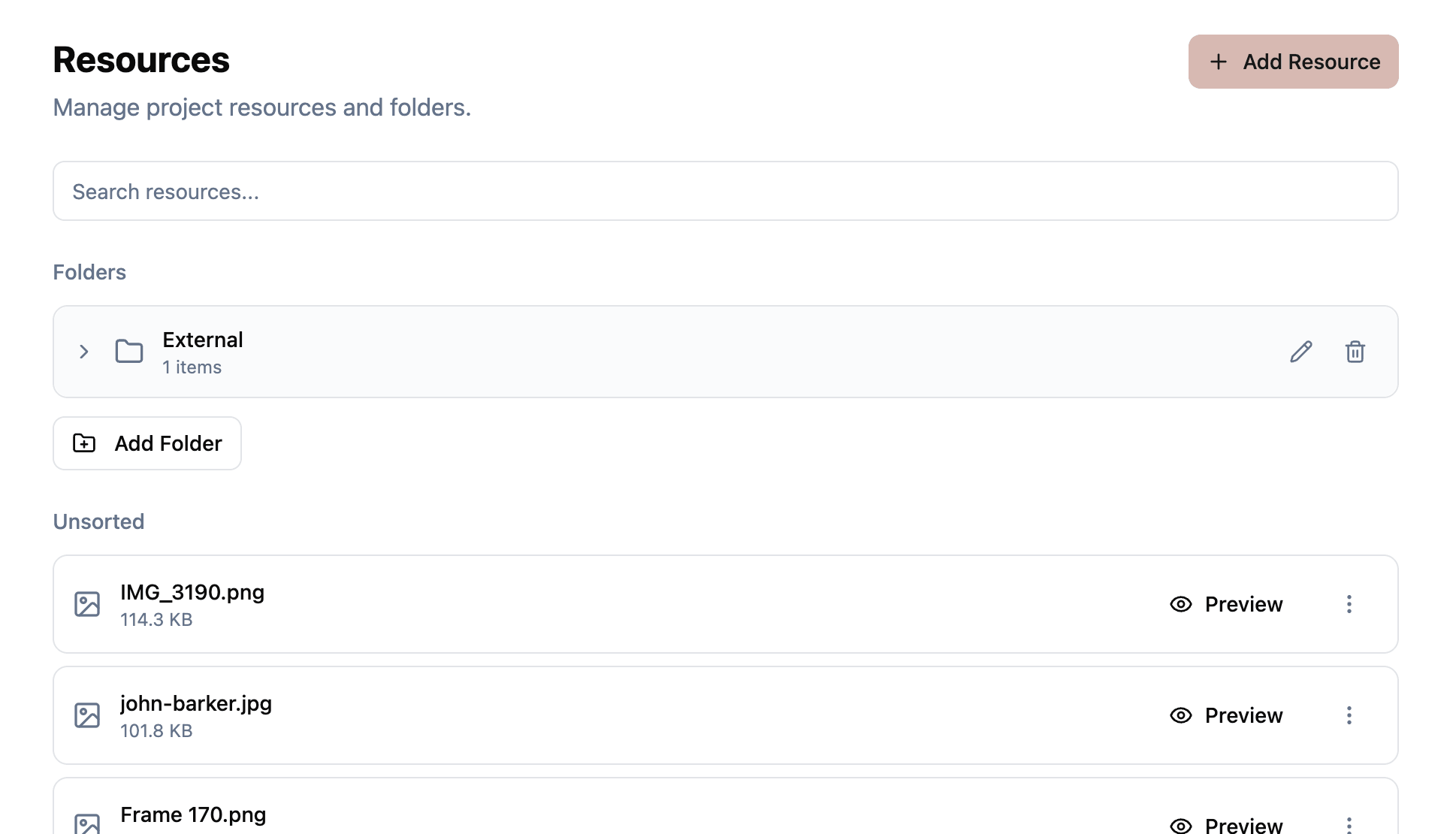 Resources page showing folders, search bar, and uploaded files with preview options