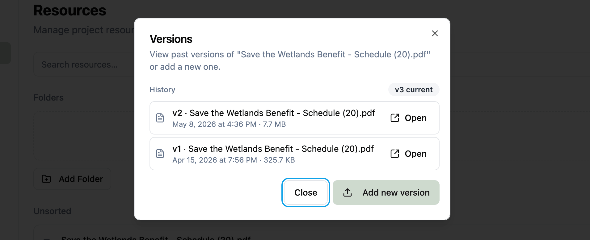 Versions dialog showing a resource's history with v3 marked as current, and v2 and v1 listed below with their upload dates and Open buttons