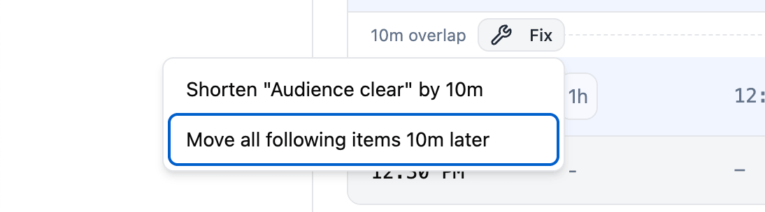 Fix menu opened on a "10m overlap" indicator showing two options: "Shorten 'Audience clear' by 10m" and the highlighted "Move all following items 10m later"