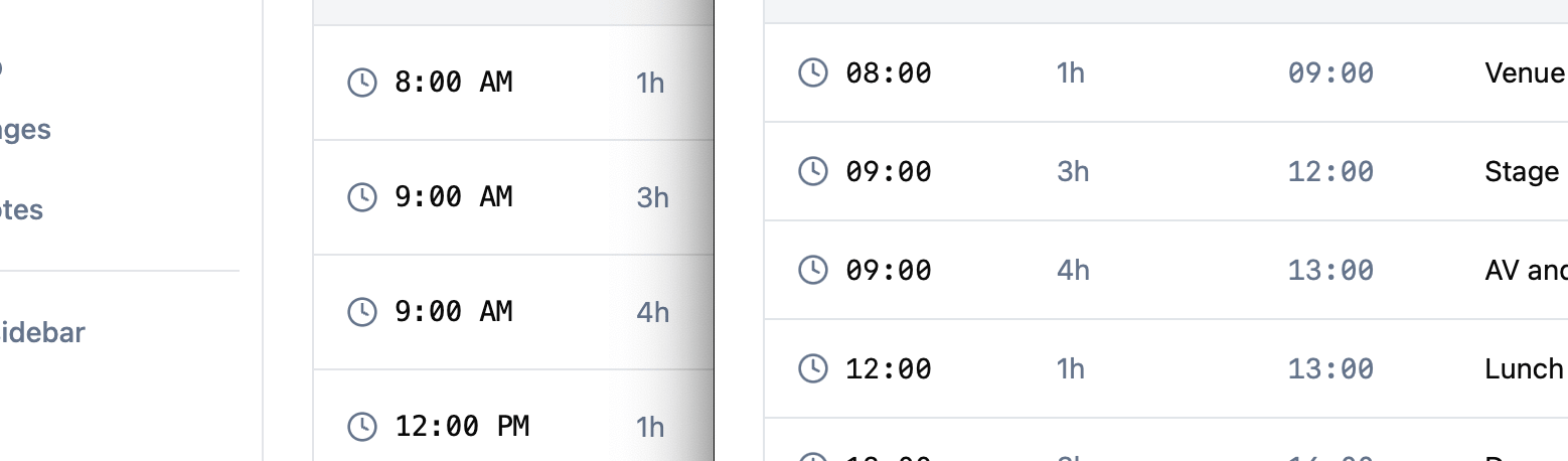 Schedule showing 12-hour and 24-hour time formats side by side