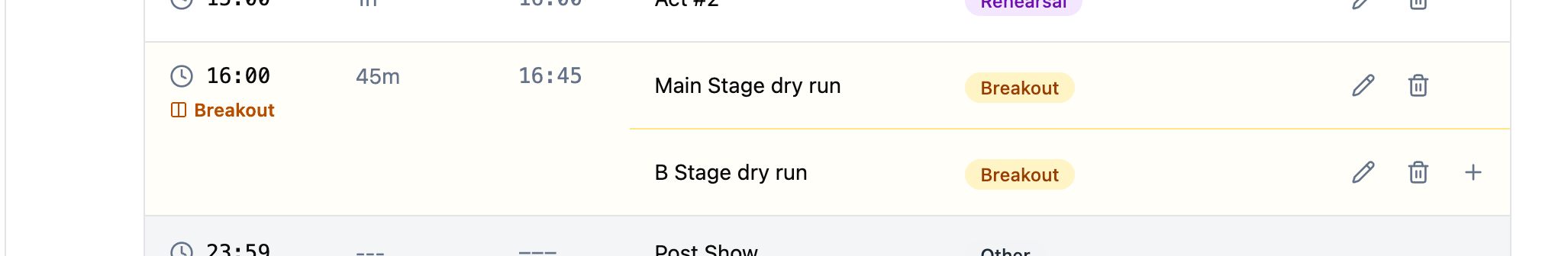 Breakout session with two parallel tracks - Main Stage and B Stage dry runs sharing the same time slot