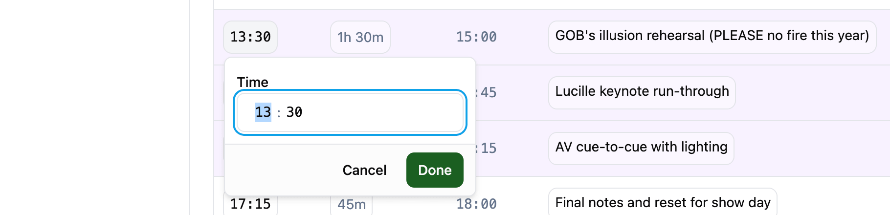 Editing a schedule item inline in the schedule table