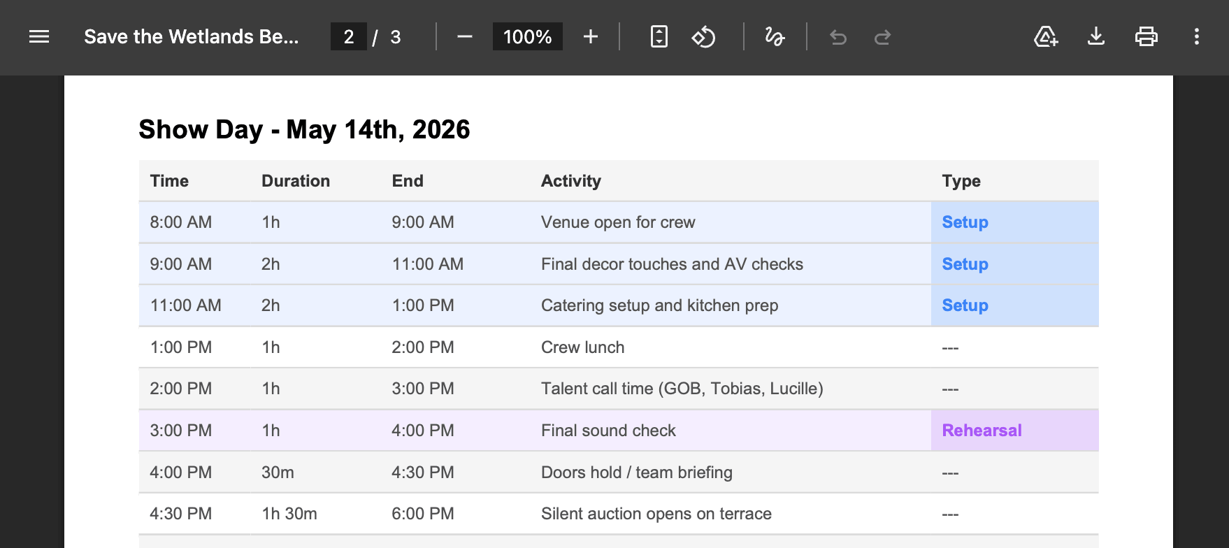 Exported PDF of a multi-day schedule
