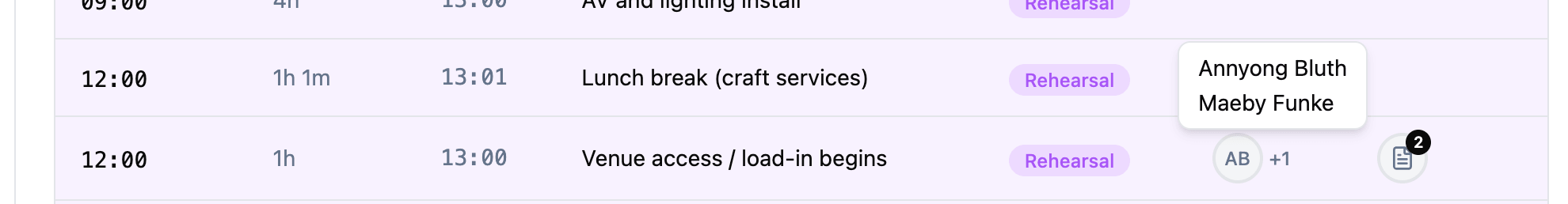 Schedule showing a team members column alongside times and item types