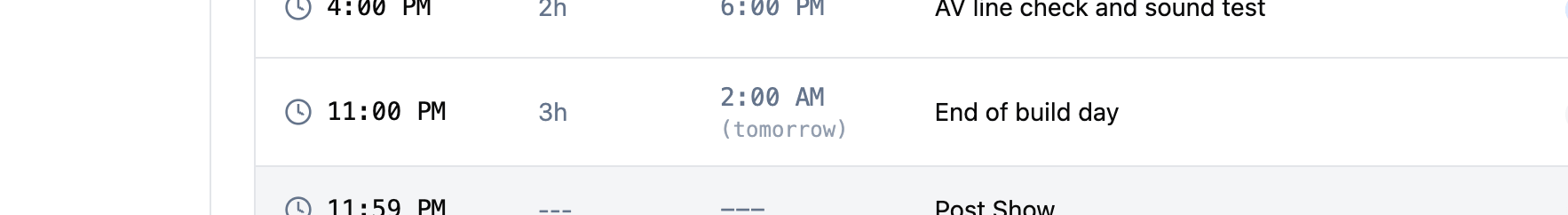 Schedule item showing end time with tomorrow label