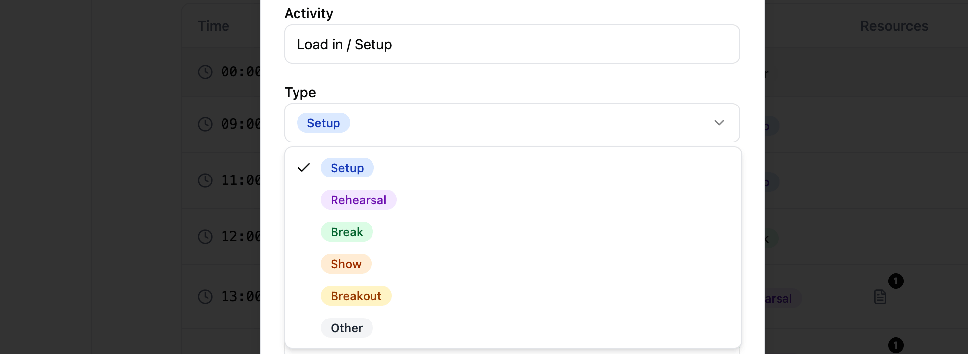 Schedule item type dropdown showing all six color-coded types: Setup, Rehearsal, Break, Show, Breakout, and Other