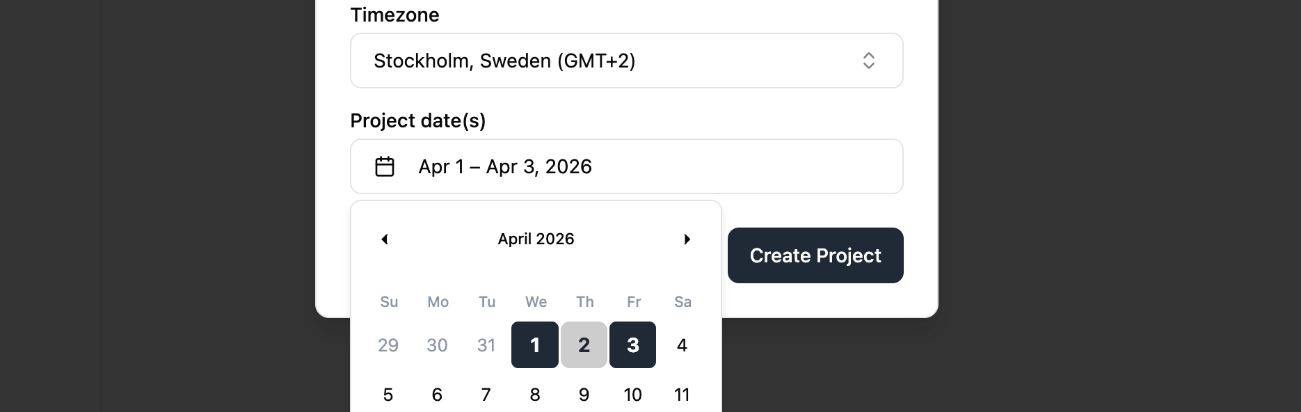 Create Project dialog with start and end date fields