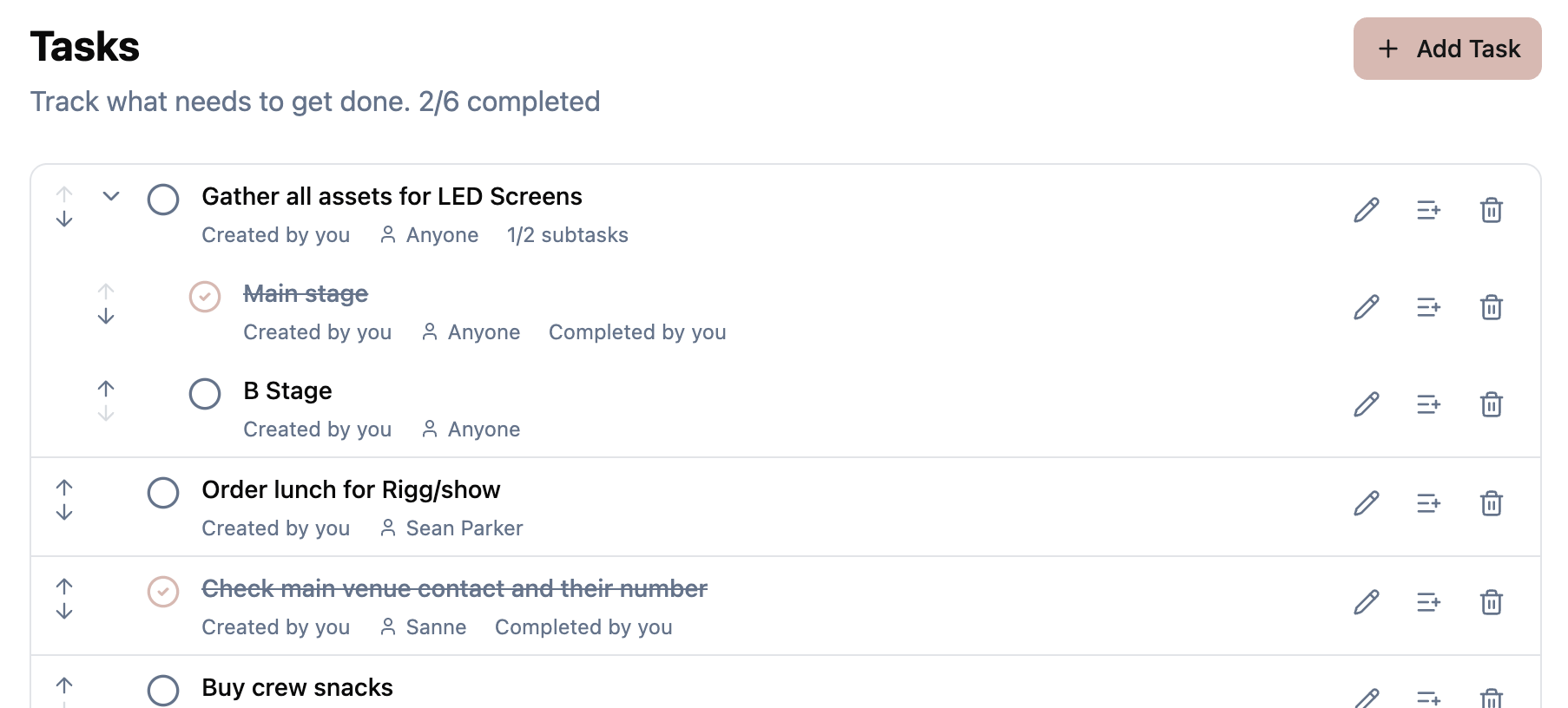 Task list showing tasks with subtasks, completion progress counter, assignees, and reorder controls