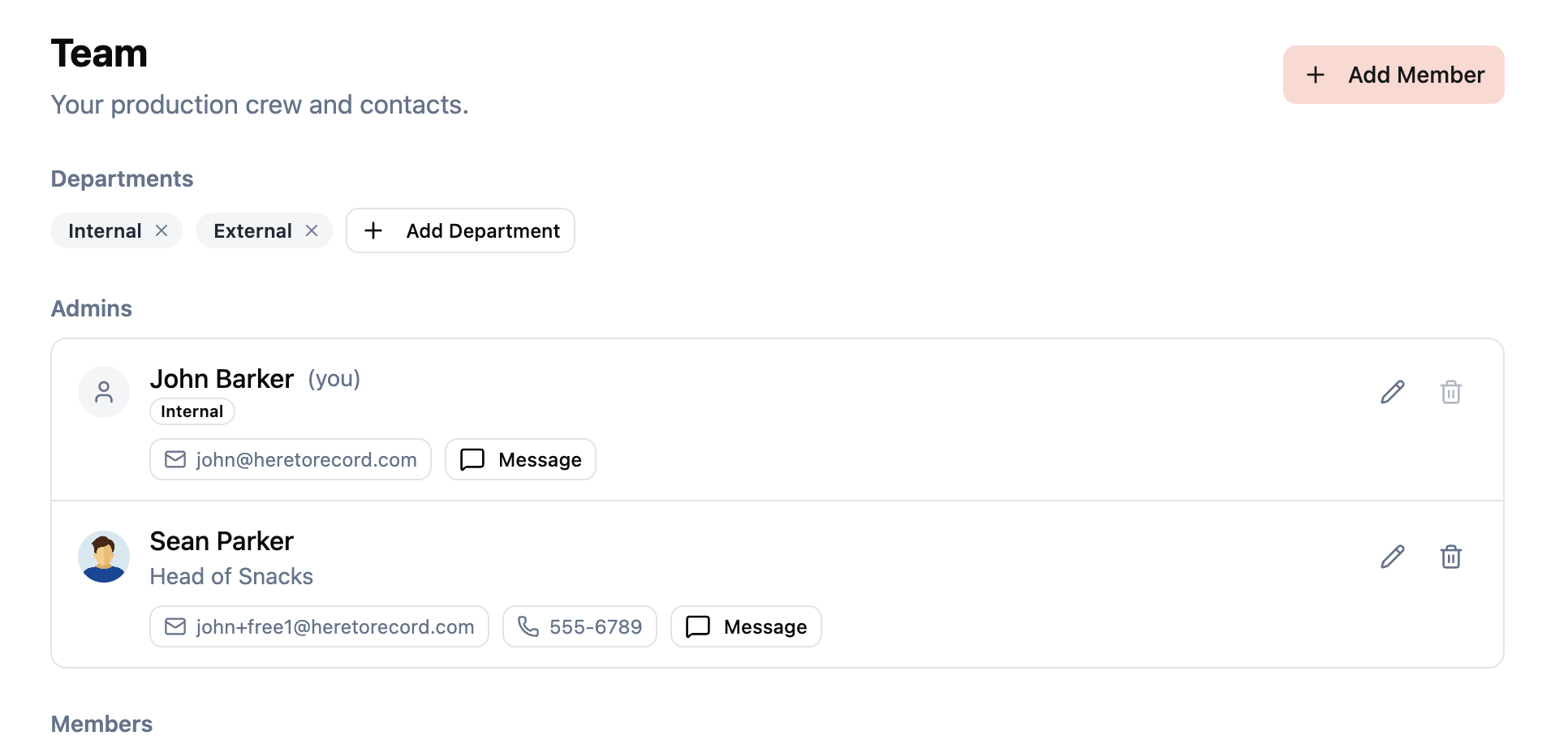 Team management page showing departments, admin members with contact details, and Add Member button