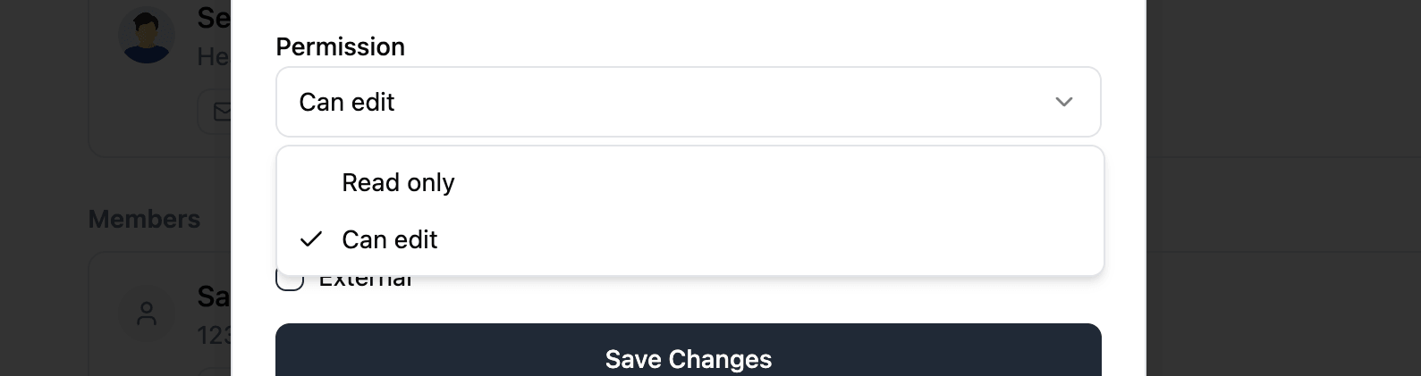 Permission dropdown showing Read only and Can edit options for a team member