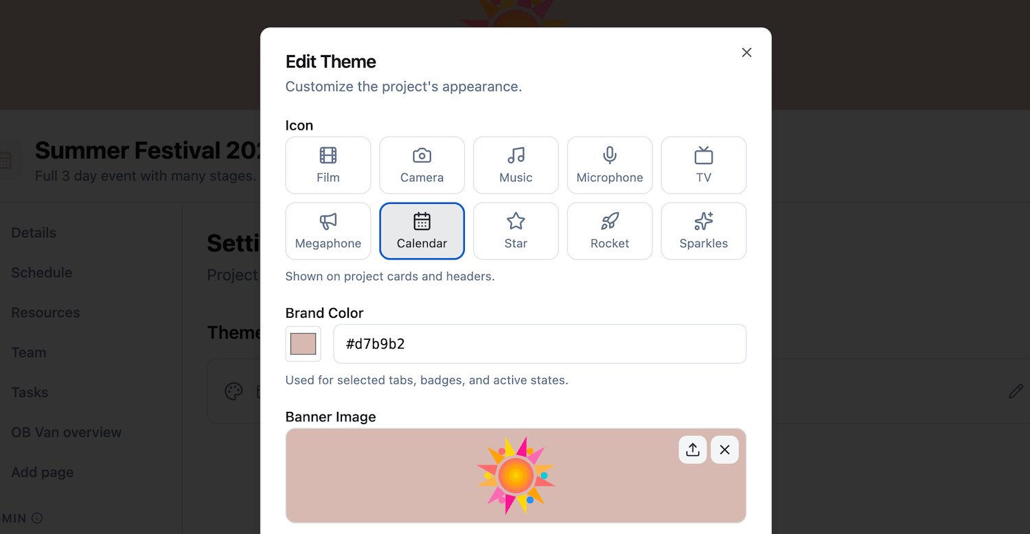 Project with custom brand color, banner image, and icon