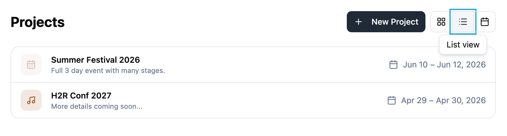 Projects page in list view showing projects with icons, descriptions, and date ranges in rows