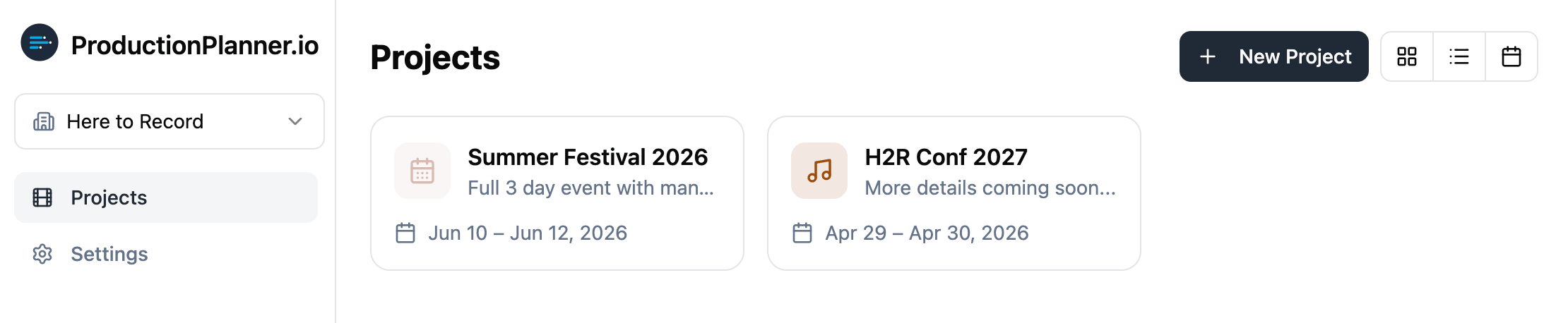 Projects page in card view showing two projects with icons, descriptions, and date ranges, plus view toggle buttons