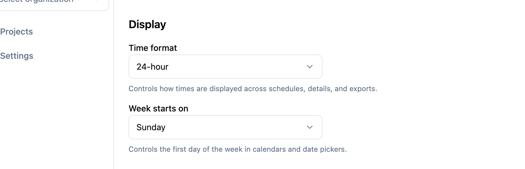 Account Settings page with time format and week start preferences